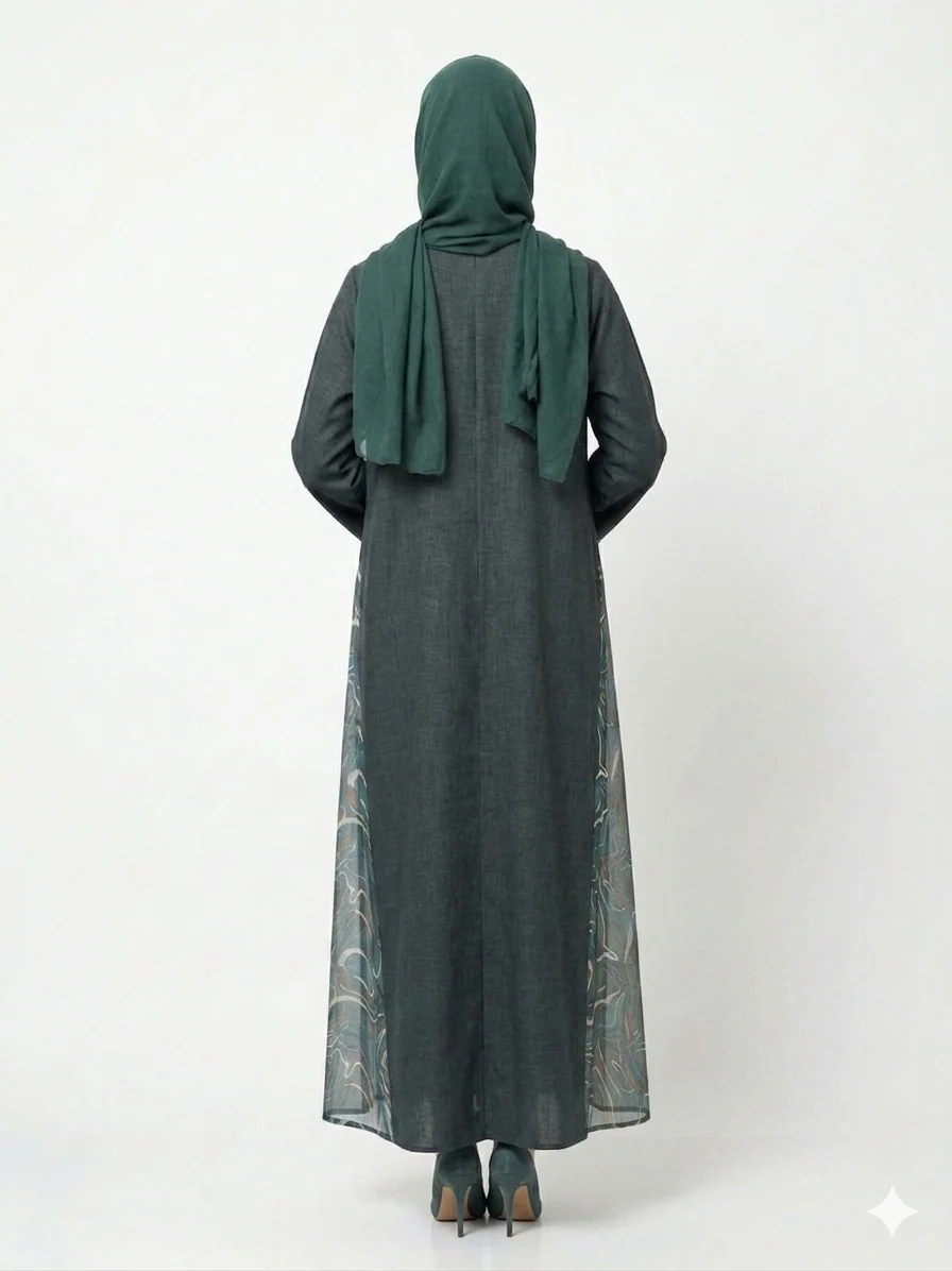 Emerald Fusion Textured Cotton & Sheer Side Chiffon Dubai Abaya - Image 5