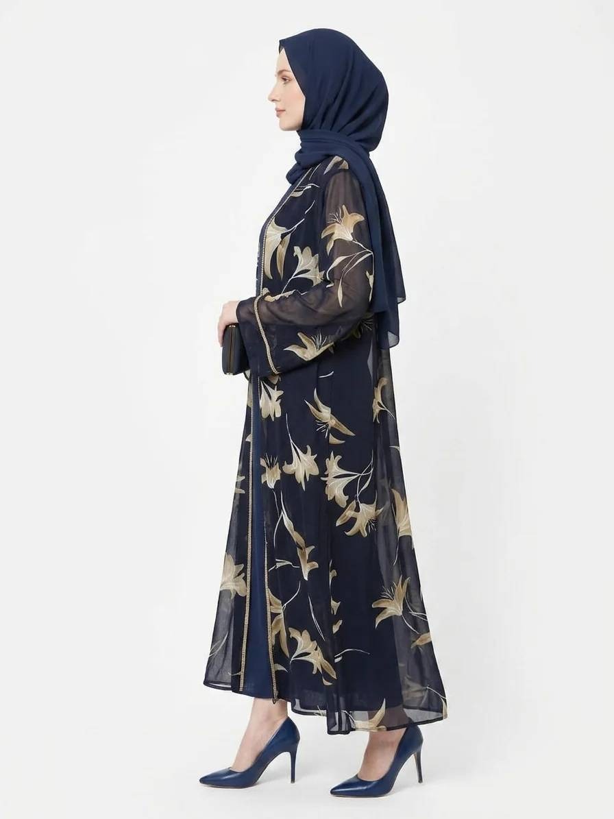 Navy Bloom Sheer Floral Kimono Modest Dubai Abaya - Image 1