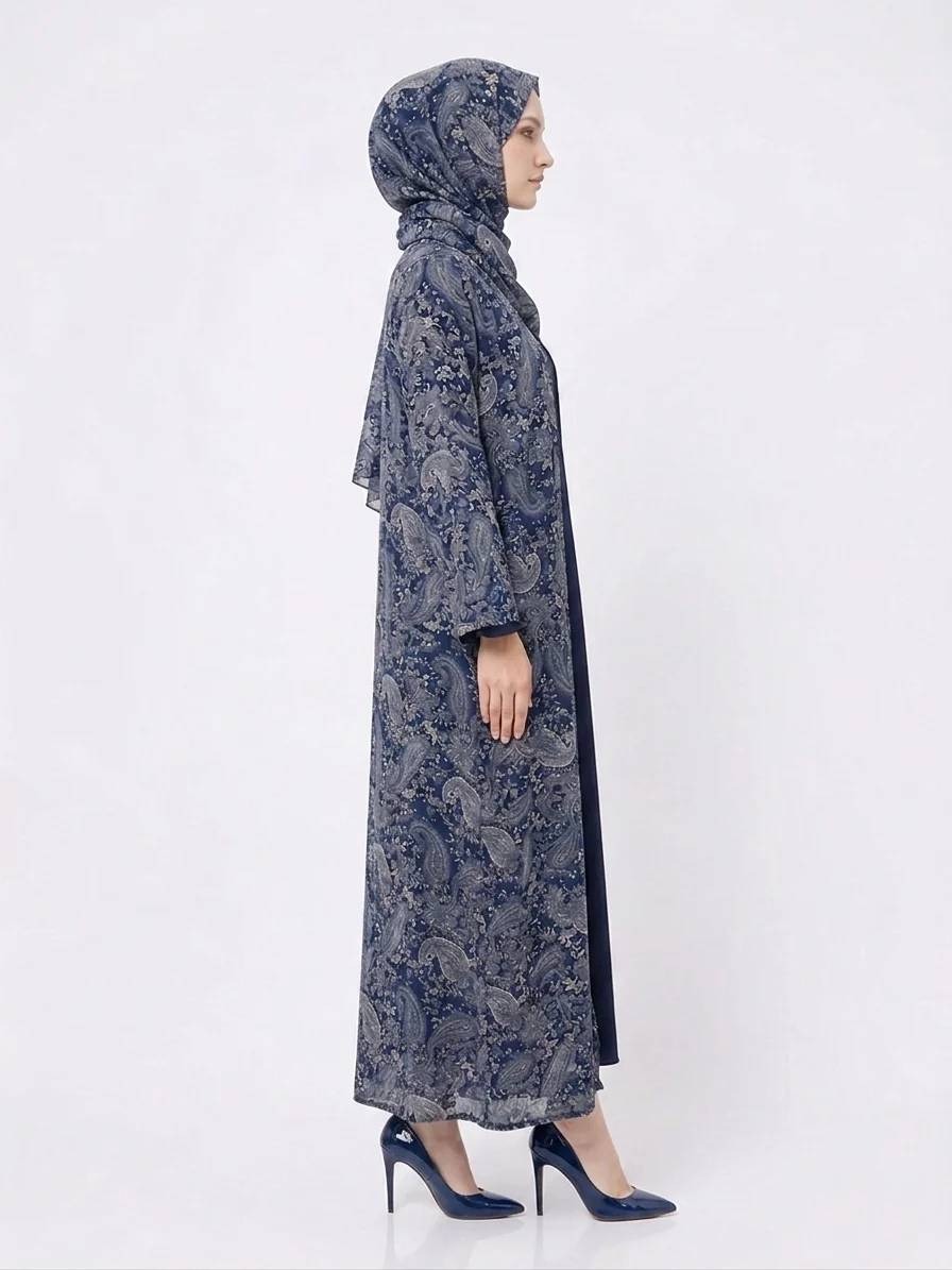 Midnight Blue Paisley Pashmina-Feel Modest Kimono Dubai Abaya - Image 2
