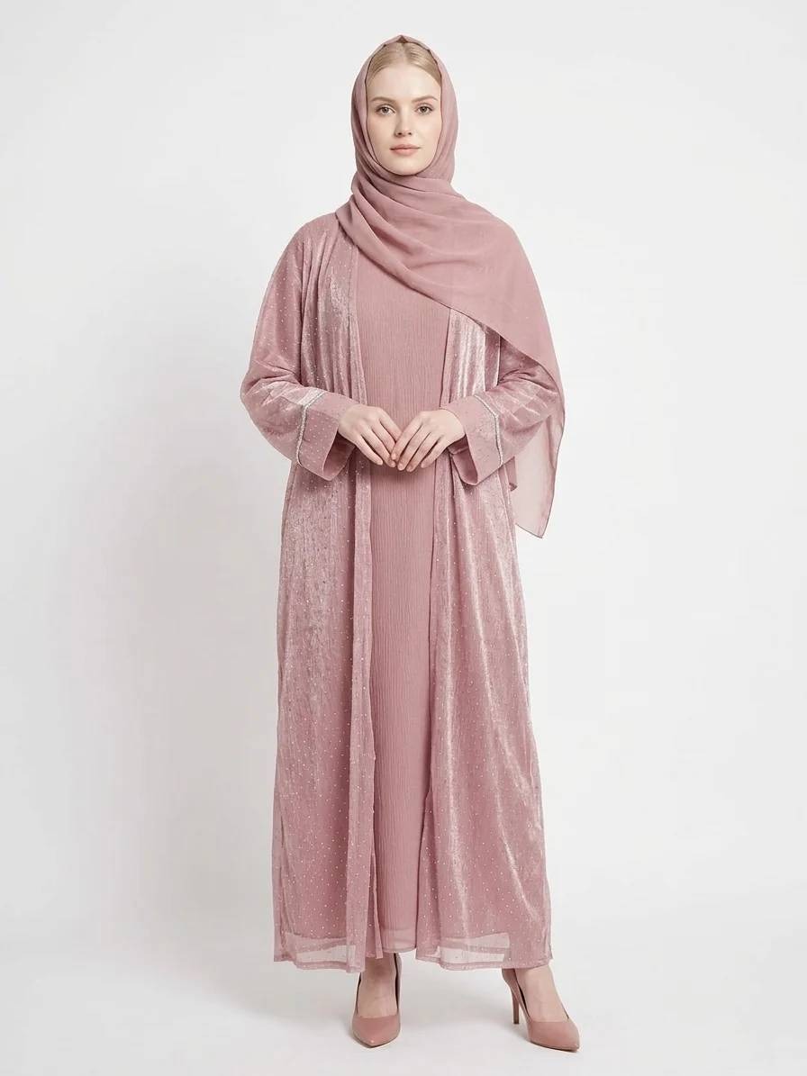 Rose Dust Embellished Kimono Dubai Abaya | Elegant Pink Modest Wear - Image 3