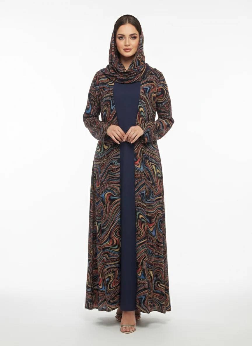 Azure Vortex Blue Kimono-Style Swirl Print Dubai Abaya - Image 2