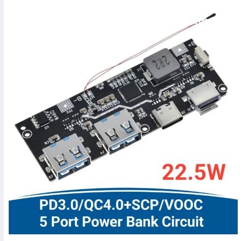 QC4 PD3.0 22.5W 5 Port 2 Way 5A Micro/Type-C Power Bank 18650 Module Circuit Board