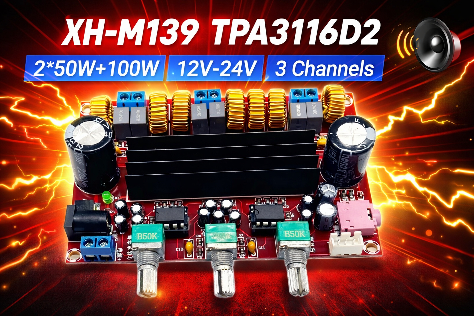 XH-M139 TPA3116D2 2.1 Channel Sub-Woofer Amplifier1 2x50W + 1x100W DC12V-24V 10A SMPS_img_0