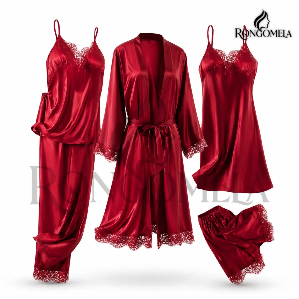 Red 5-Piece Satin Silk Nightwear Set