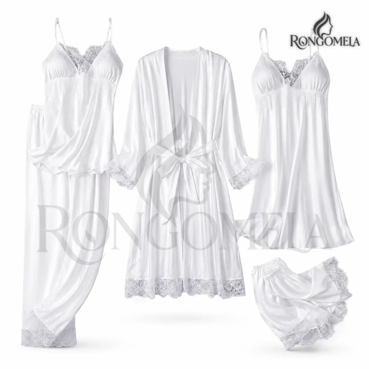White 5-Piece Satin Silk Nightwear Set