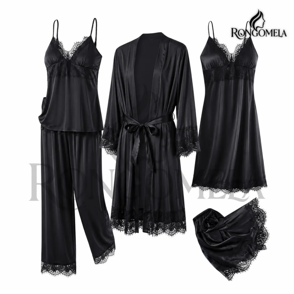 Black 5-Piece Satin Silk Nightwear Set