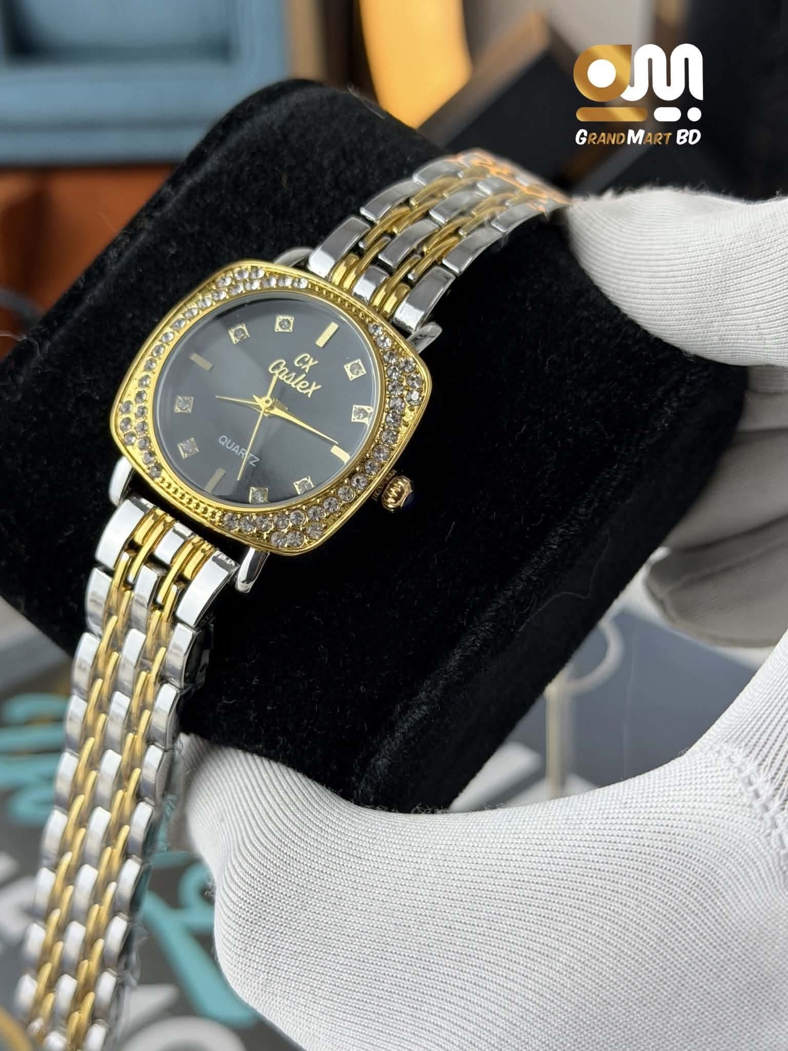 CASLEX GIRLS WATCH |GOLDEN SHADE BLACK DIAL WITH STONE