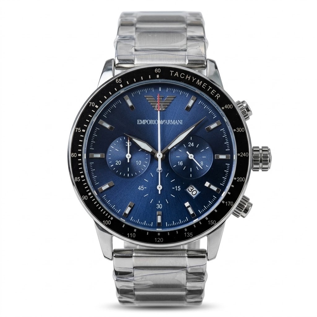 Emporio Armani Mario Chronograph Blue Dial Stainless Steel Men's Watch || Double  A