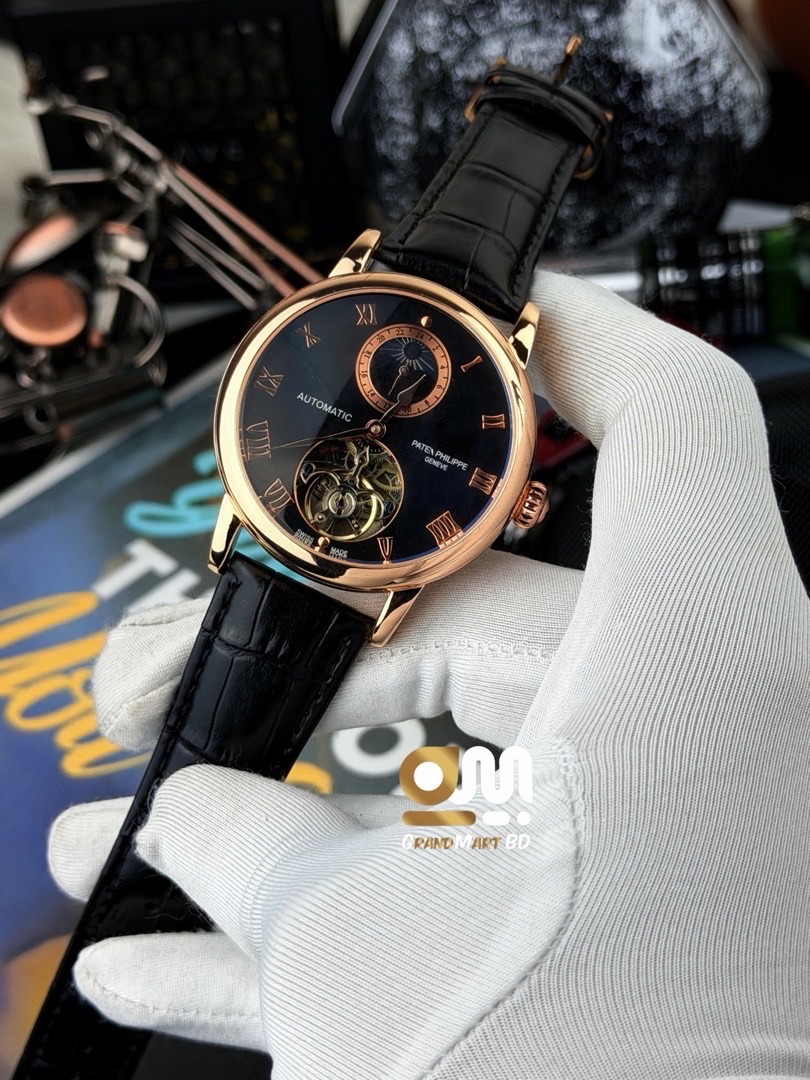 Patek Philippe "Alchemist Moonphase Open Heart" || Black Strap ||Black Dial || Dial side rose