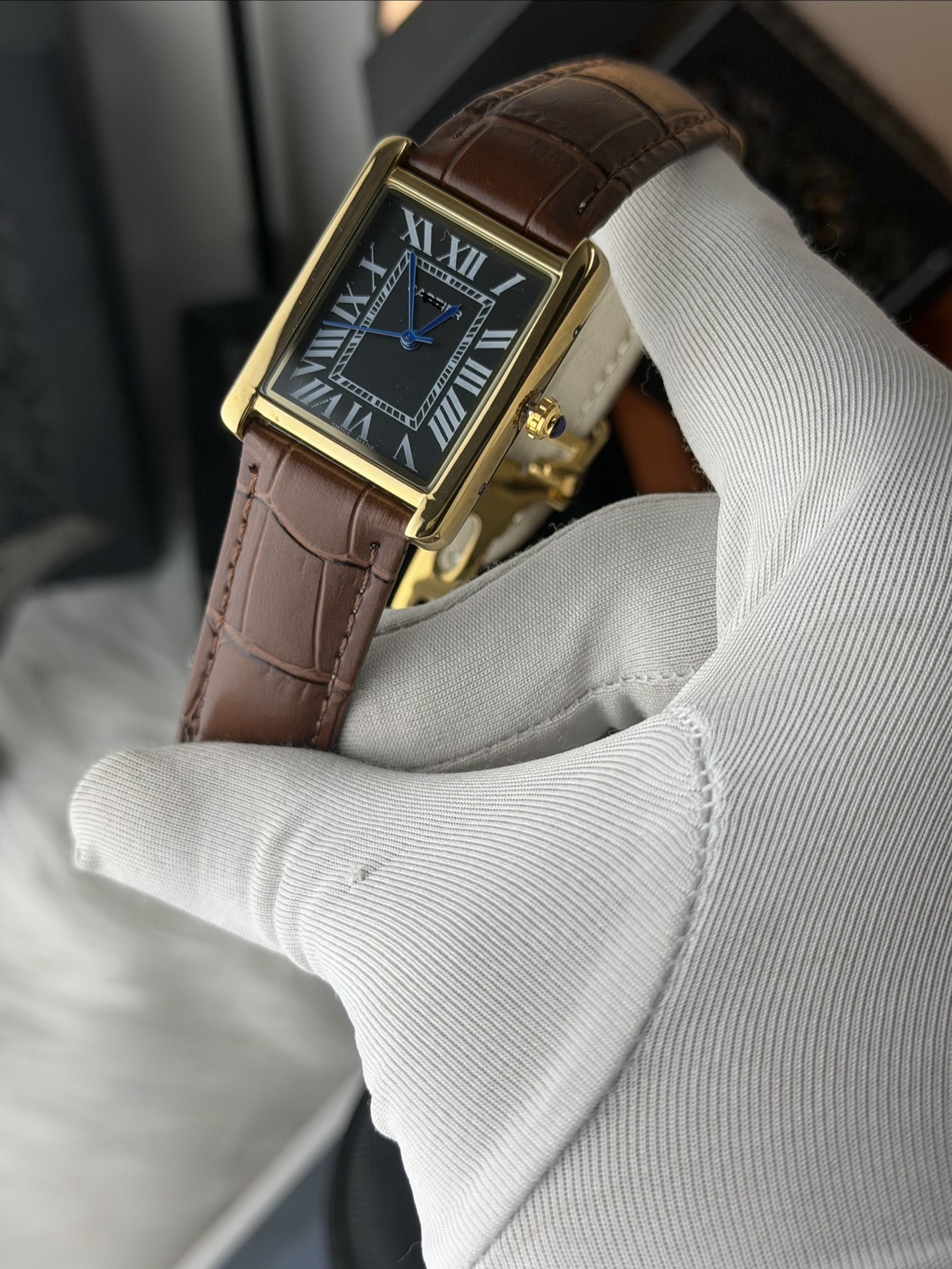 Cartier Tank watch || Brown belt black dial