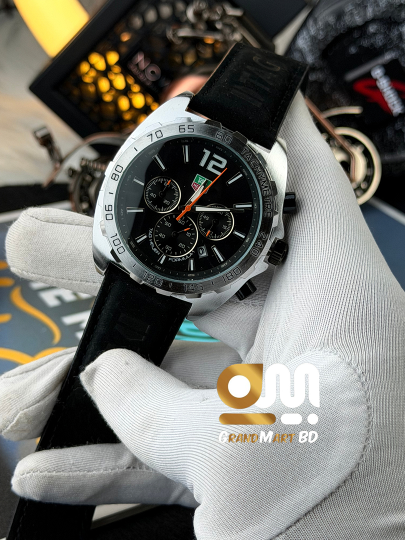 TAG Heuer Formula 1 Chronograph Gulf Edition watch featuring a black asphalt-textured dial