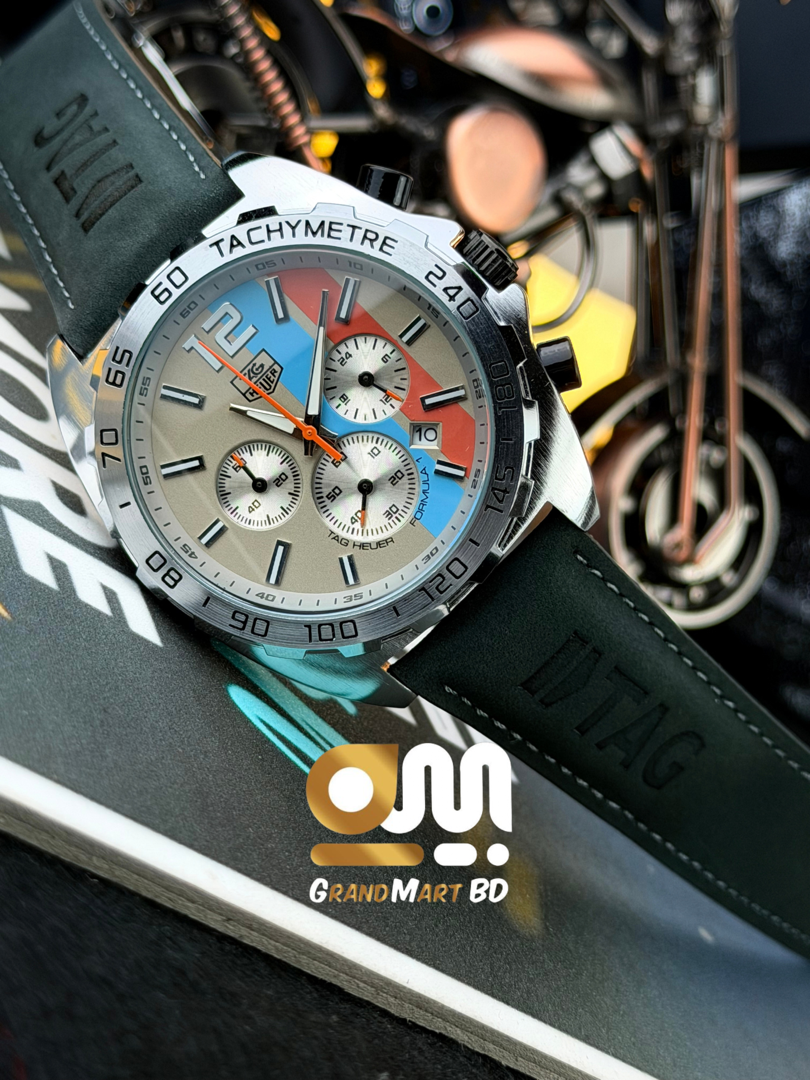 TAG Heuer Formula 1 Chronograph catches the eye with its distinctive light blue and orange Gulf racing stripes on the dial