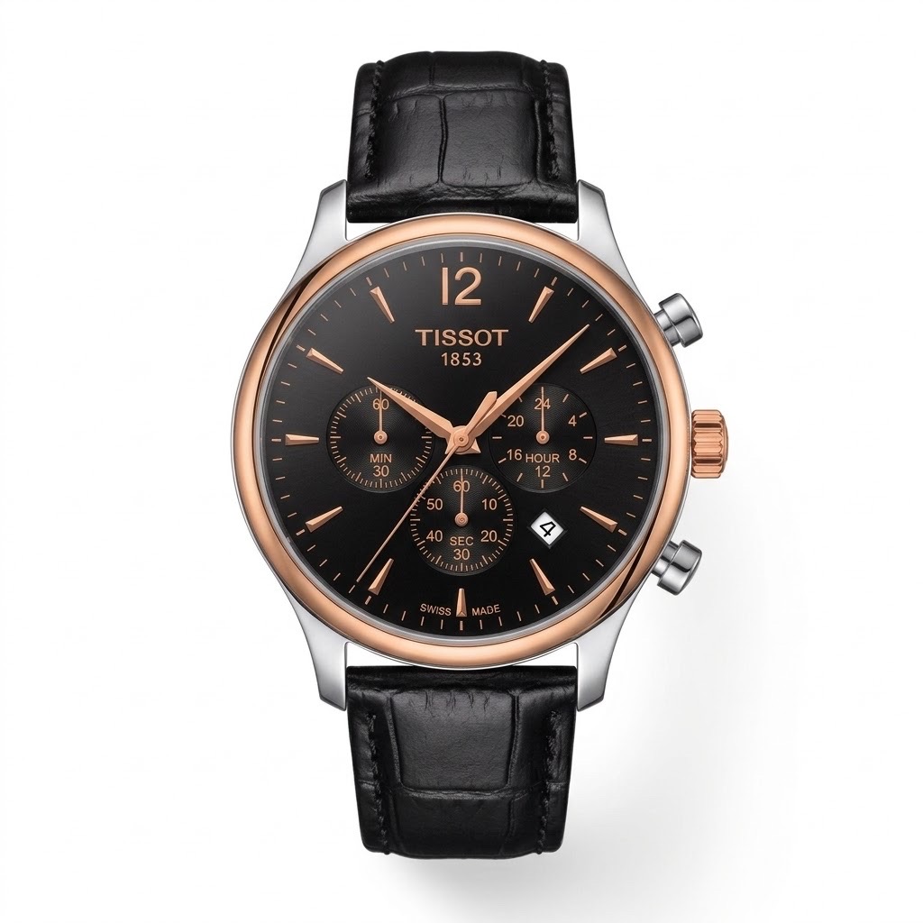 Tissot Tradition Chronograph Men's Watch || Black Dial Side Rose black strap
