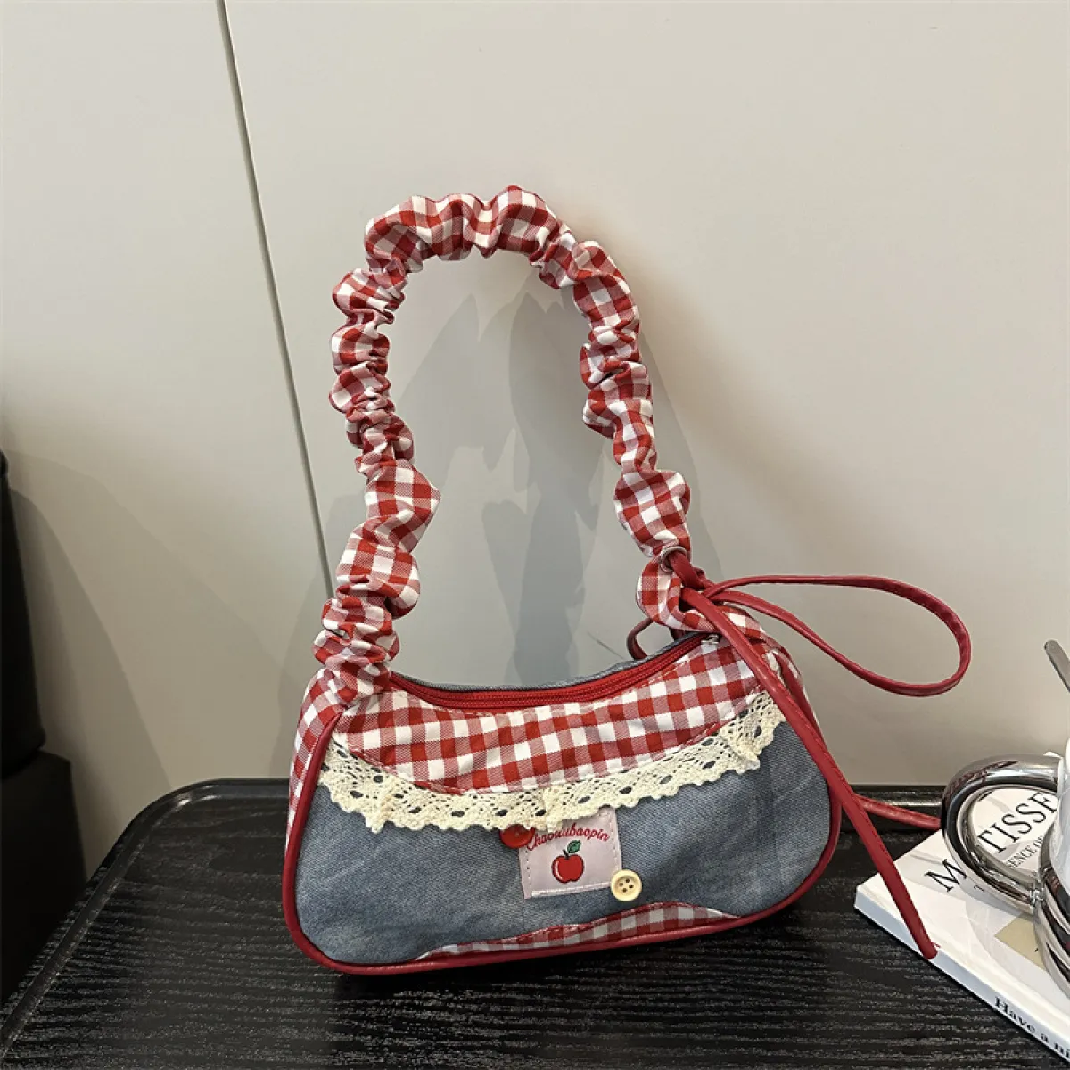 Denim red pookie bag