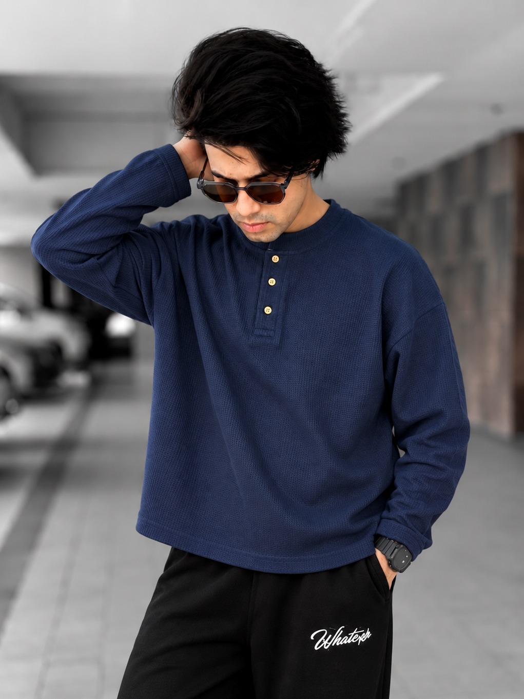 Unisex Boxy Fit Henley Waffle T-Shirt (Blue)_img_2