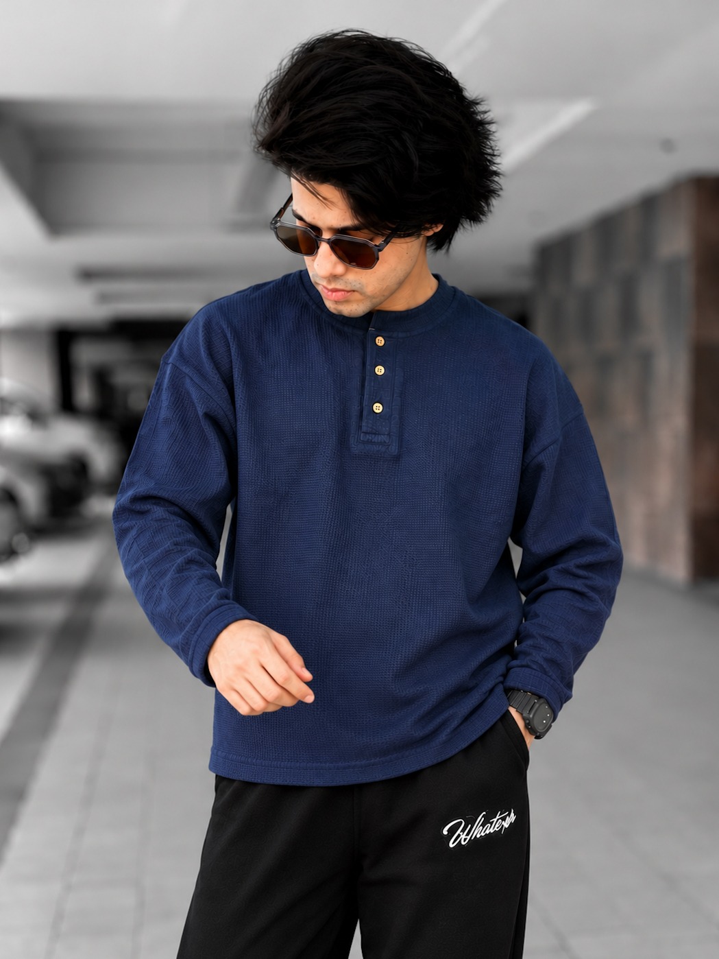 Unisex Boxy Fit Henley Waffle T-Shirt (Blue)_img_3