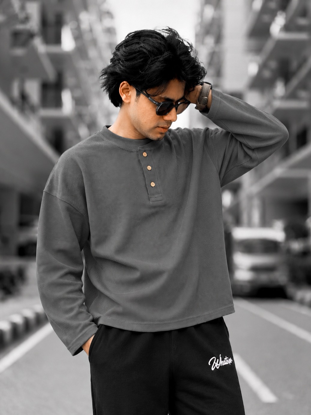 Unisex Boxy Fit Henley Waffle T-Shirt (Grey)_img_1