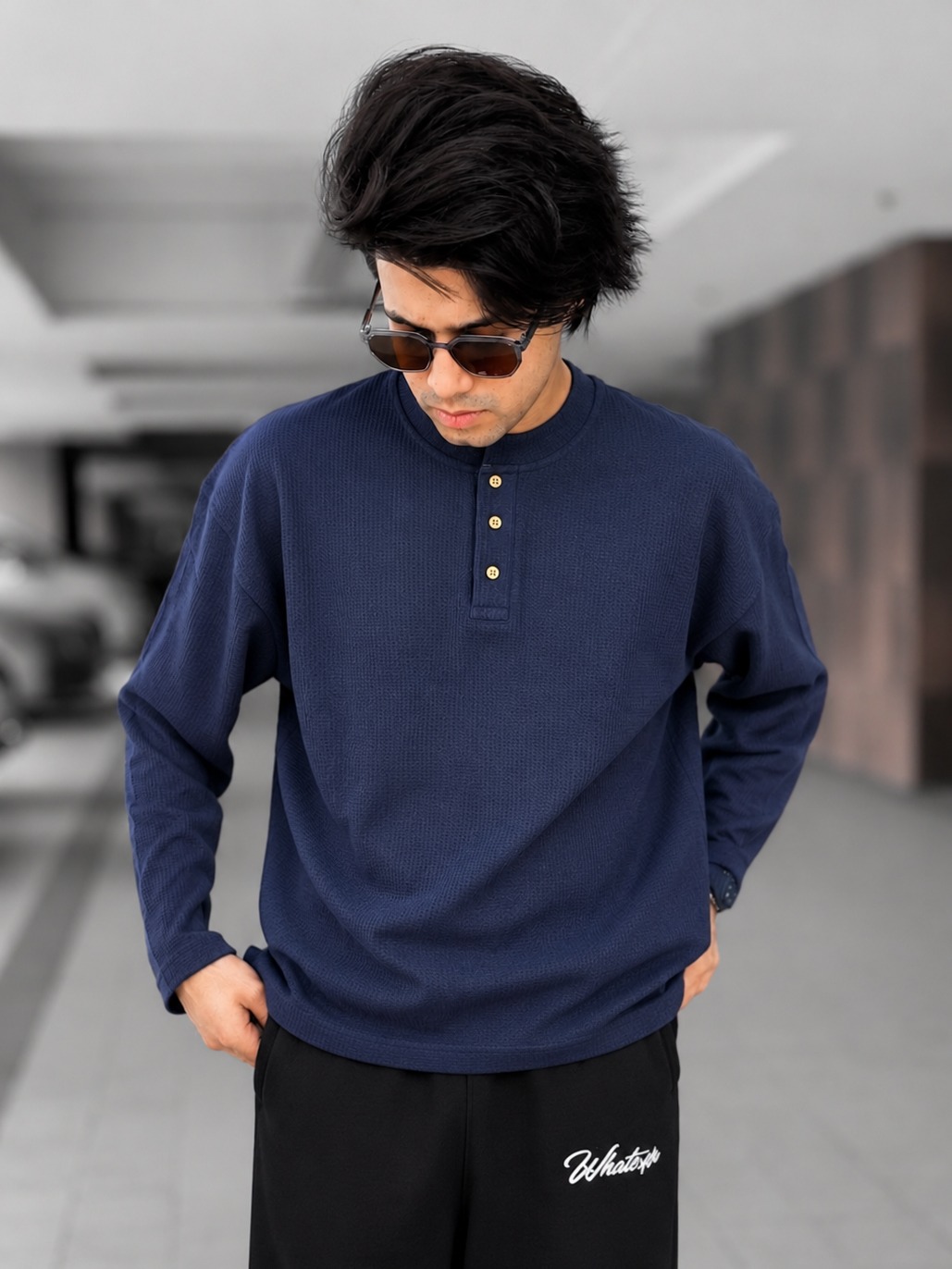 Unisex Boxy Fit Henley Waffle T-Shirt (Blue)_img_1