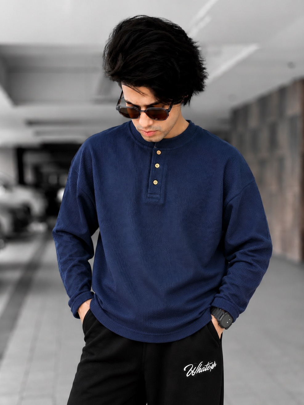 Unisex Boxy Fit Henley Waffle T-Shirt (Blue)_img_0