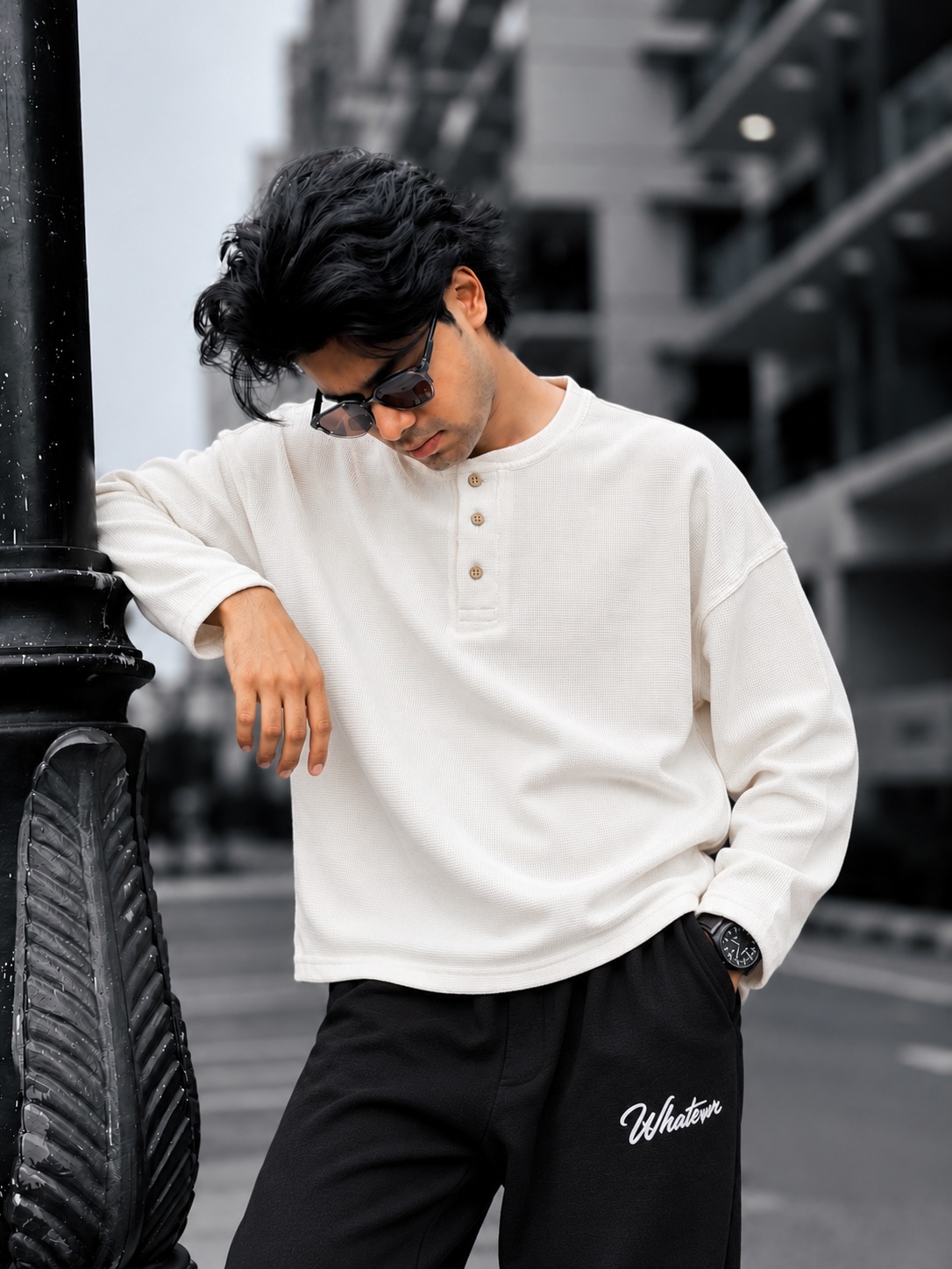 Unisex Boxy Fit Henley Waffle T-Shirt (White)_img_2