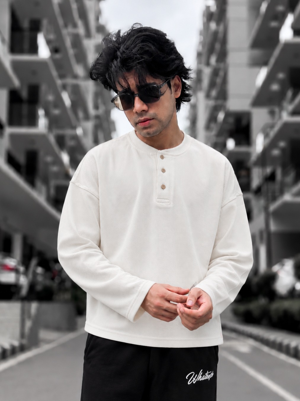 Unisex Boxy Fit Henley Waffle T-Shirt (White)_img_1