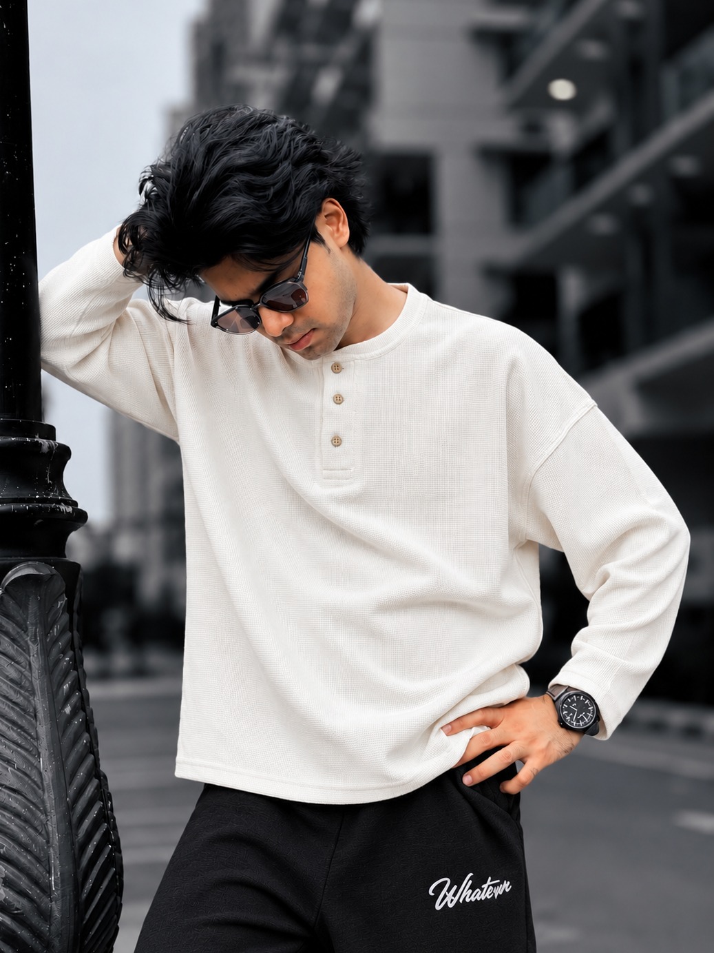 Unisex Boxy Fit Henley Waffle T-Shirt (White)