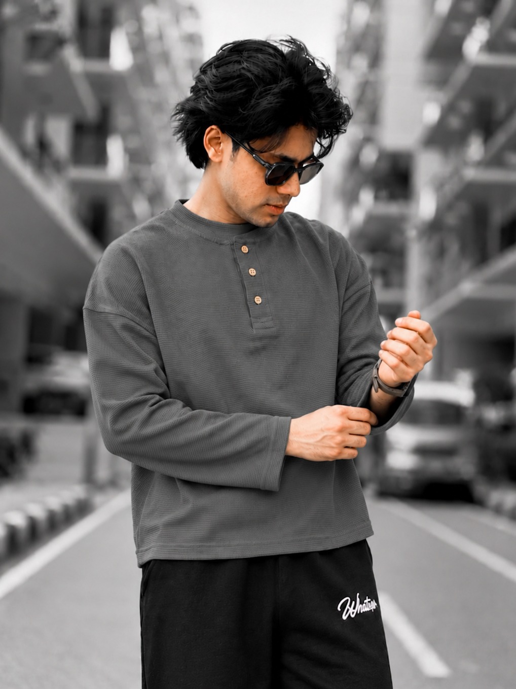 Unisex Boxy Fit Henley Waffle T-Shirt (Grey)_img_0