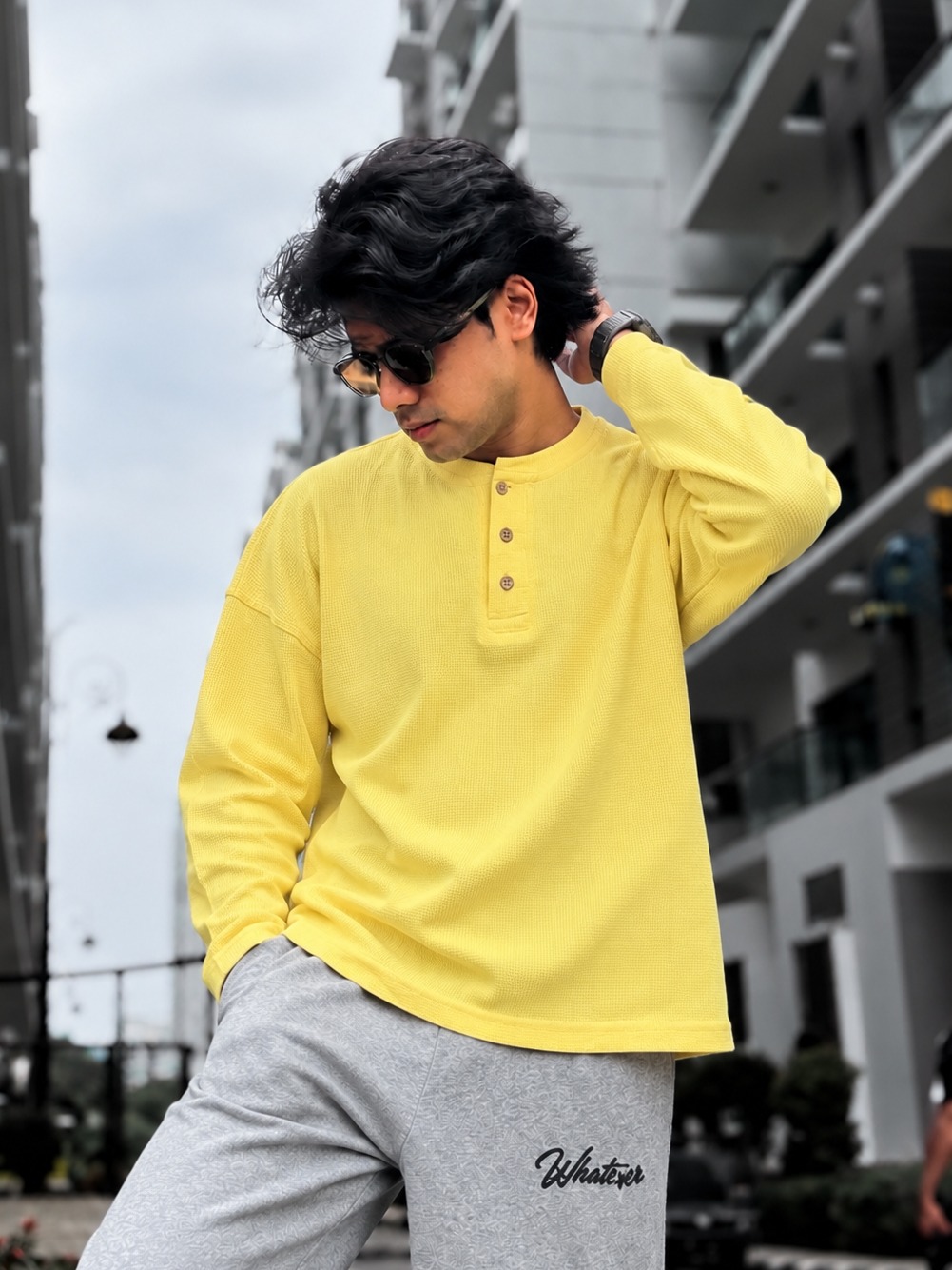 Unisex Boxy Fit Henley Waffle T-Shirt (Butter Yellow)