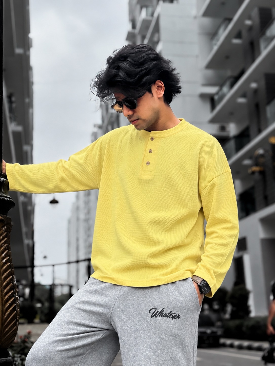 Unisex Boxy Fit Henley Waffle T-Shirt (Butter Yellow)_img_1