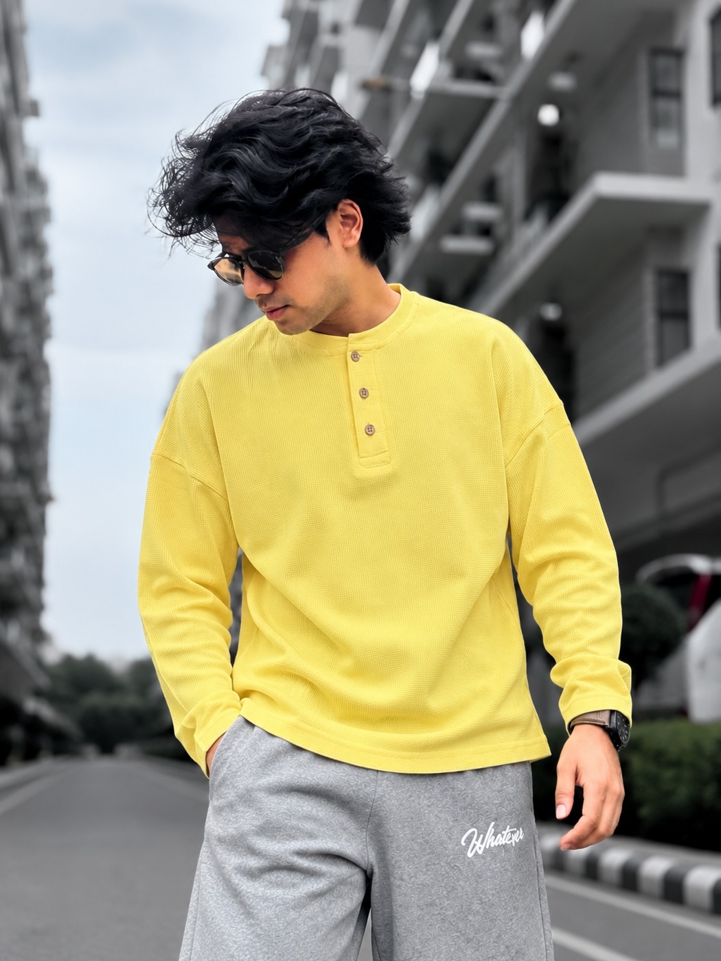 Unisex Boxy Fit Henley Waffle T-Shirt (Butter Yellow)_img_3