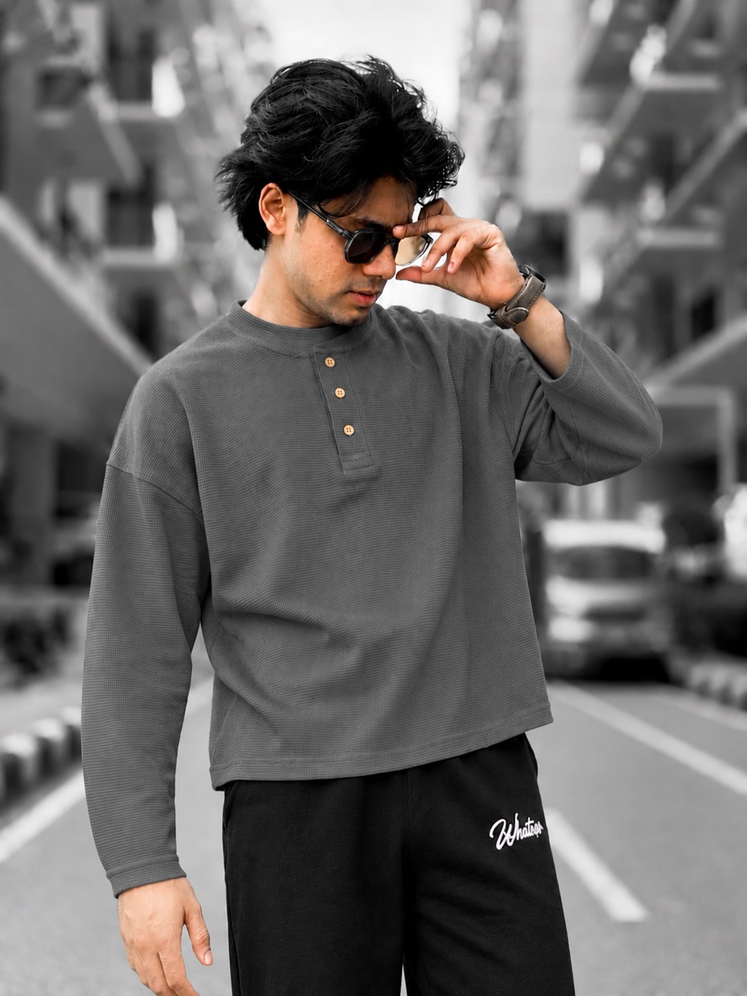 Unisex Boxy Fit Henley Waffle T-Shirt (Grey)_img_2
