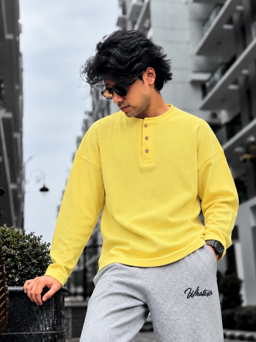 Unisex Boxy Fit Henley Waffle T-Shirt (Butter Yellow)_img_2