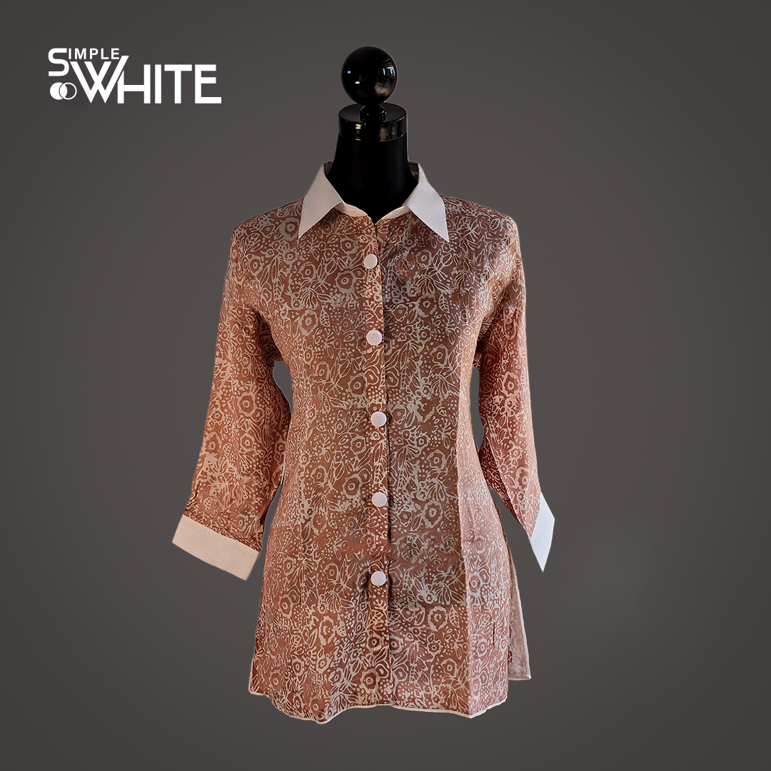 Elegant Brown Printed Satin Long Shirt with White Collar and Cuffs – Stylish Button-Down Top by Simple White_img_0