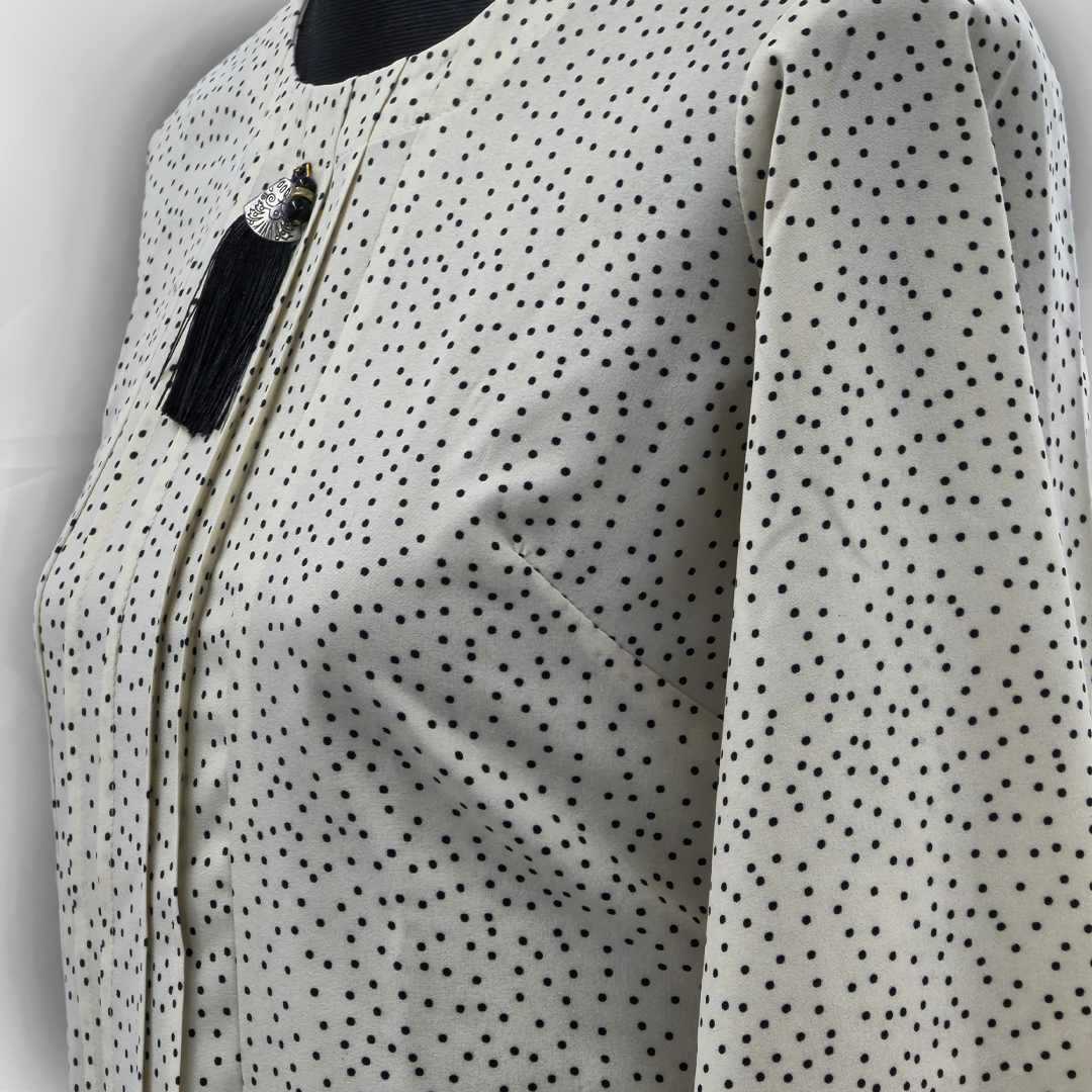 Elegant Beige Printed Button-Down Shirt with Tassel Detail – Casual Women’s Top by Simple White_img_1