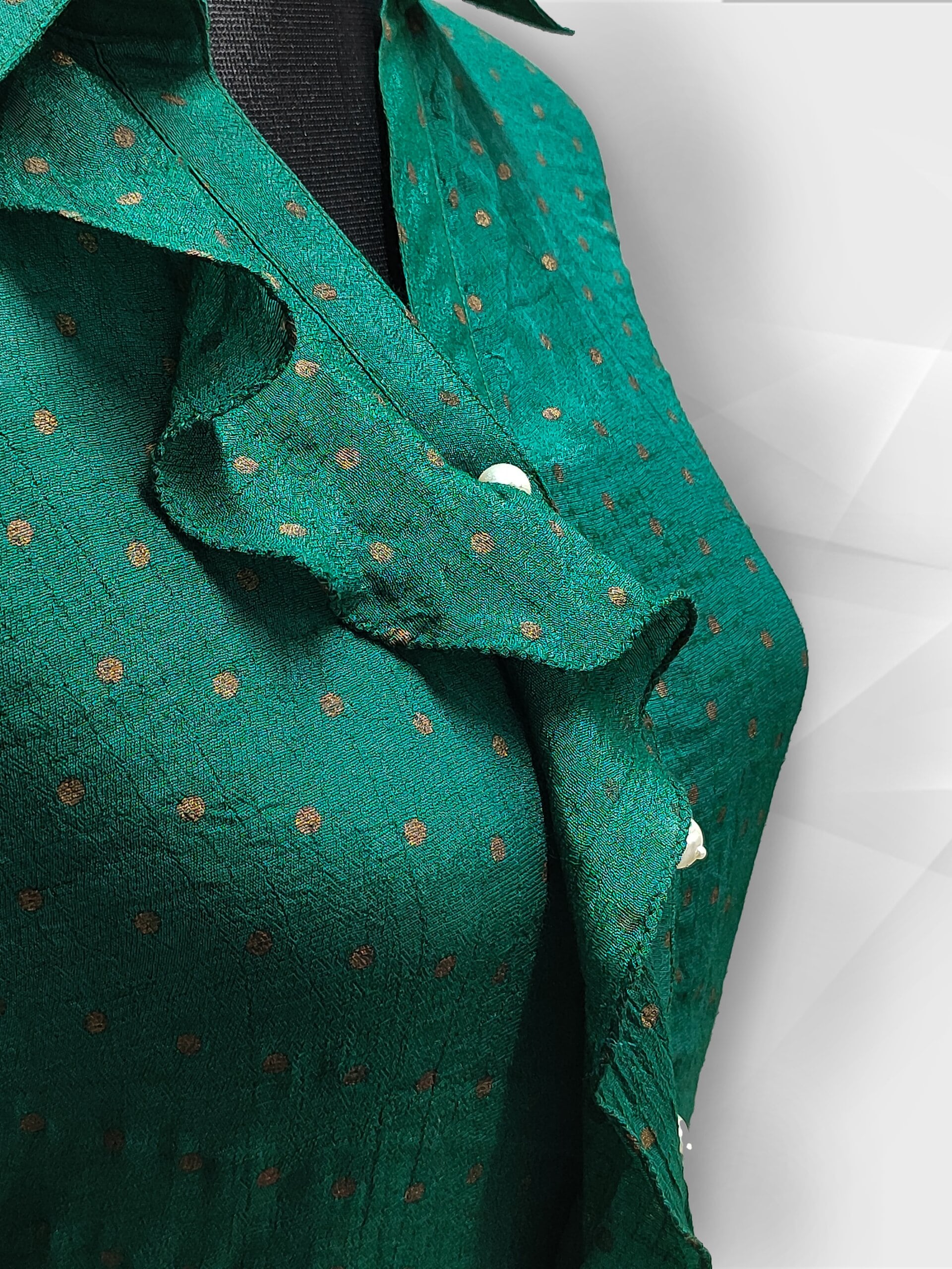 Elegant Dark Green Ruffled Button-Down Shirt with Polka Dot Pattern – Women’s Casual Top by Simple White_img_1
