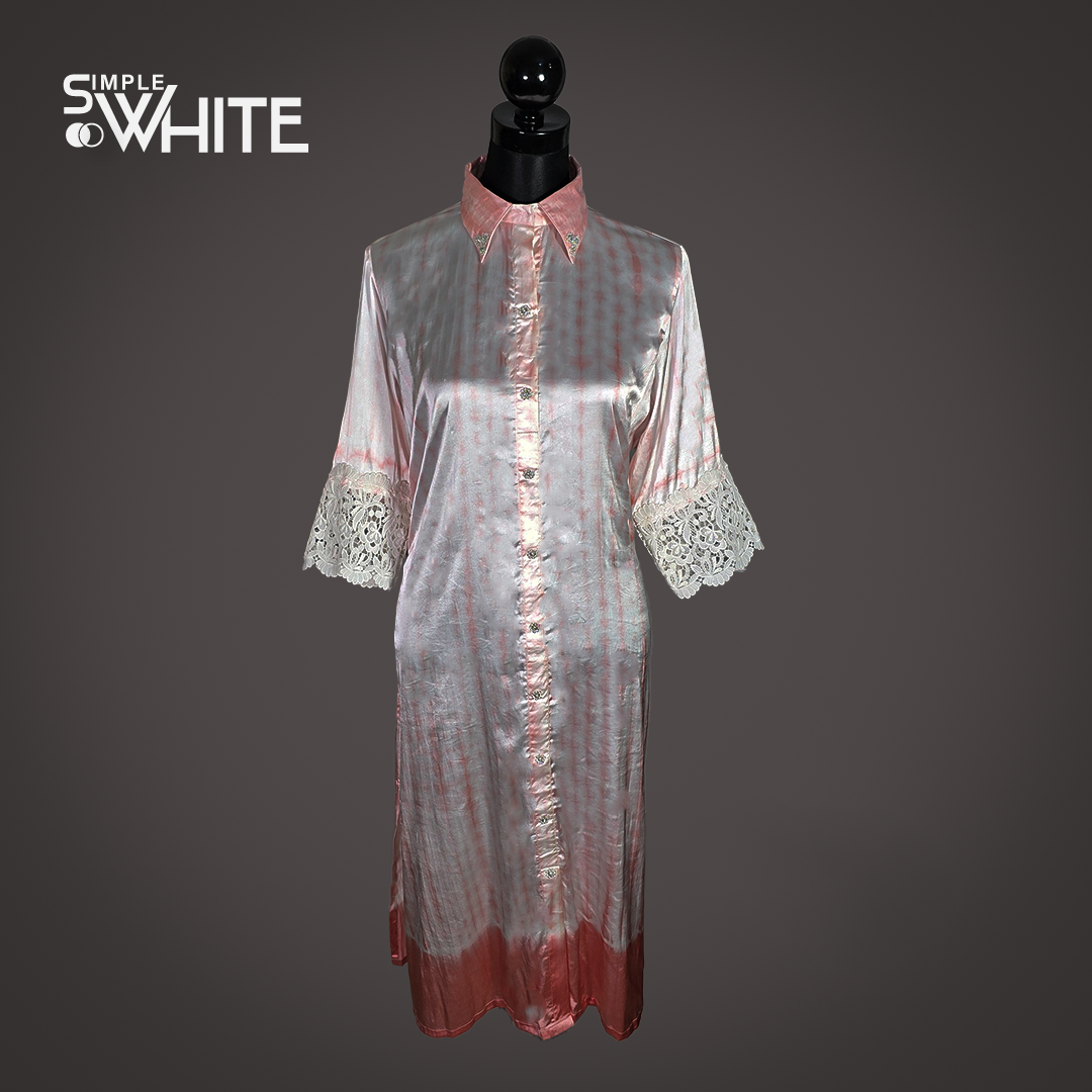 Elegant Peach Satin Long Shirt with Lace Sleeves – Button-Down Shirt Dress for Women by Simple White