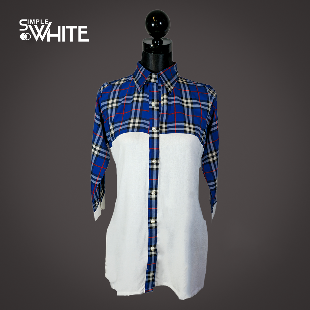 Trendy Blue and White Checked Color-Block Shirt for Women – Casual Button-Down Top by Simple White