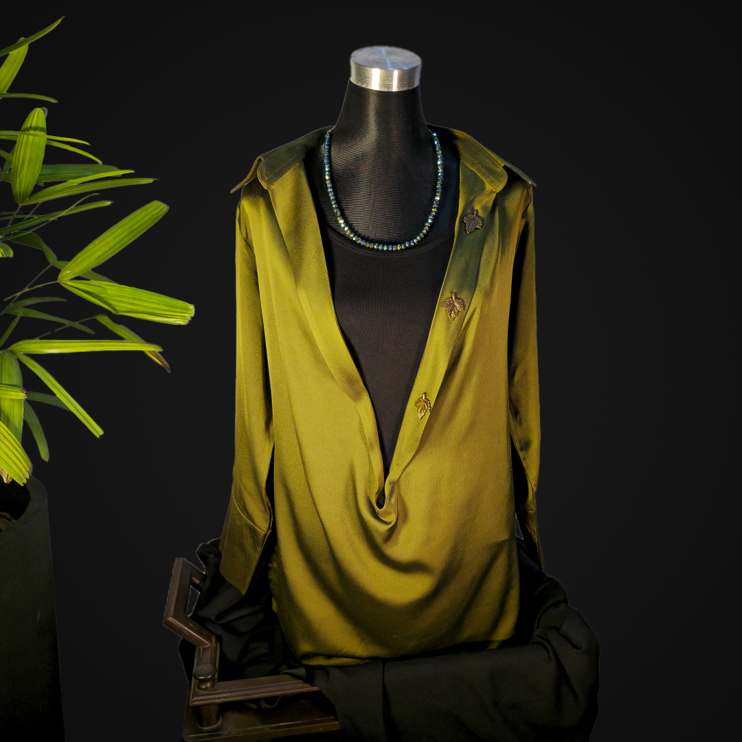Women’s Olive Green Draped Satin Top with Deep Neckline – Elegant Evening Wear
