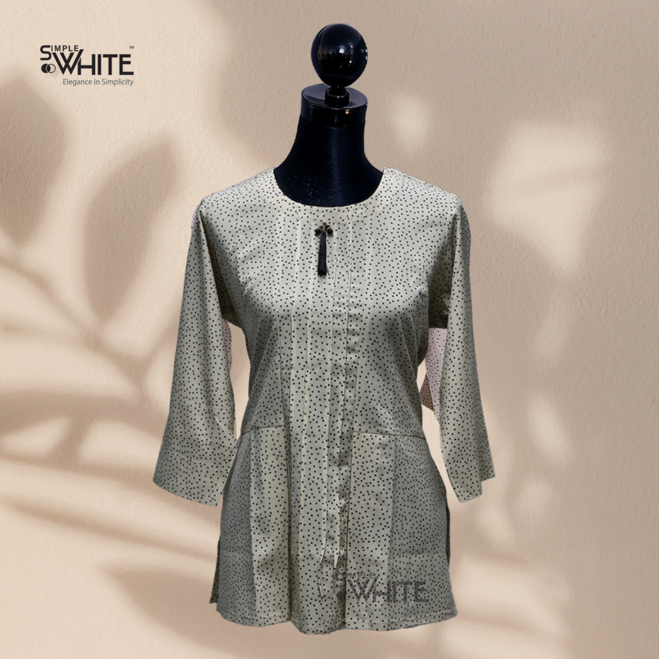 Elegant Beige Printed Button-Down Shirt with Tassel Detail – Casual Women’s Top by Simple White