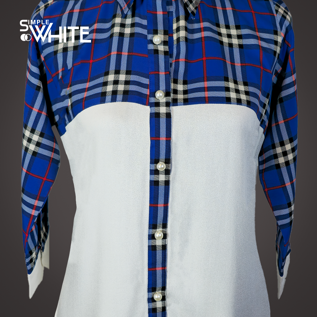 Trendy Blue and White Checked Color-Block Shirt for Women – Casual Button-Down Top by Simple White_img_2