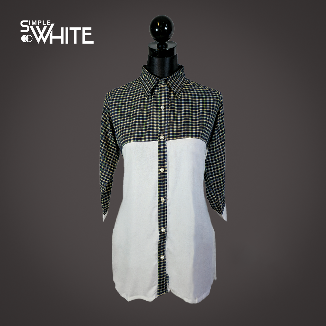 Chic Black and White Checkered Color-Block Shirt for Women – Button-Down Casual Top by Simple White