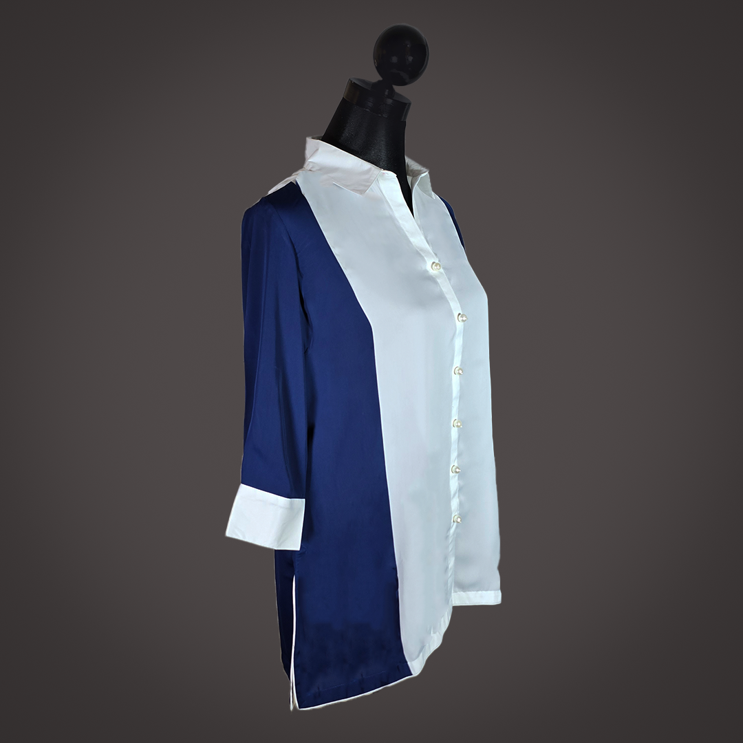 Elegant Navy Blue and White Satin Color-Block Shirt for Women – Button-Down Casual Top by Simple White_img_3