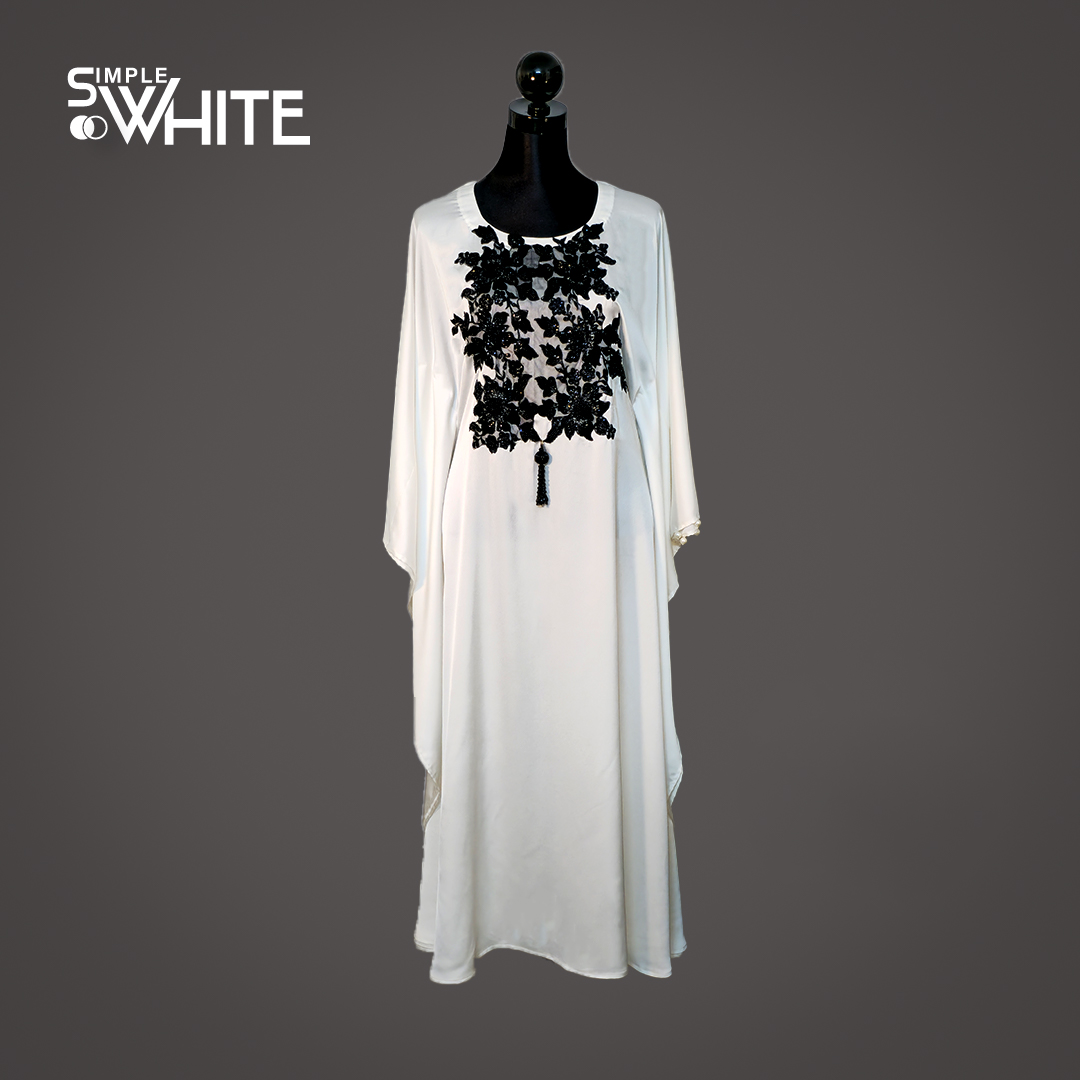 Elegant White Maxi Dress with Black Floral Embroidery – Stylish Long Sleeve Gown by Simple White_img_0