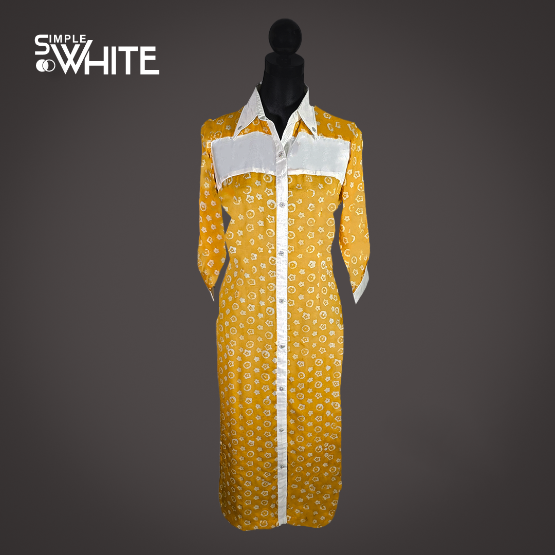 Bright Yellow Floral Long Shirt Dress for Women – Button-Down Casual Wear with White Collar & Trim by Simple White