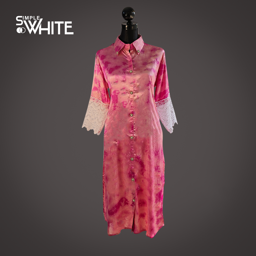 Elegant Pink Satin Long Shirt with Lace Sleeves – Stylish Button-Down Dress by Simple White