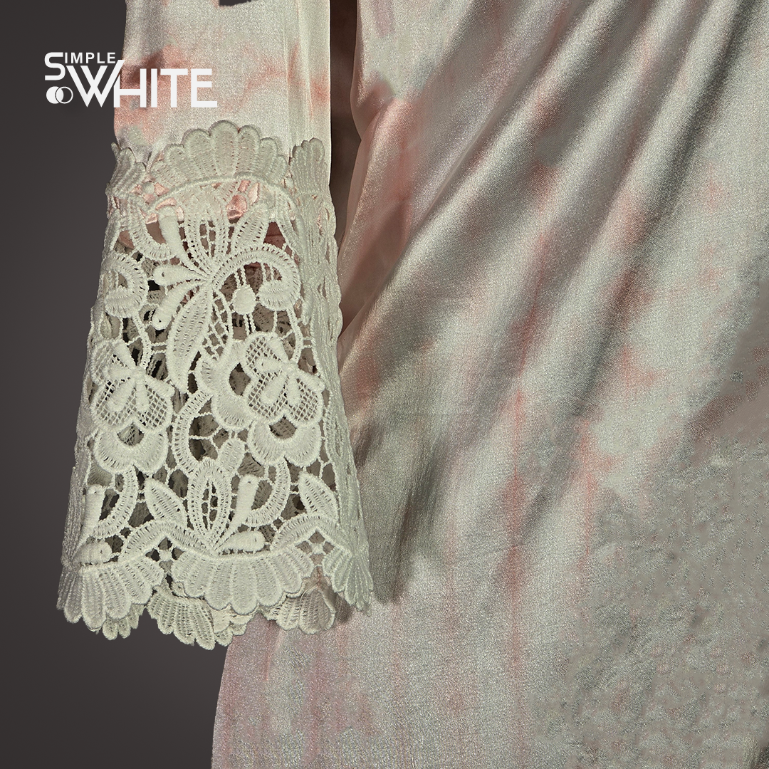 Elegant Peach Satin Long Shirt with Lace Sleeves – Button-Down Shirt Dress for Women by Simple White_img_3