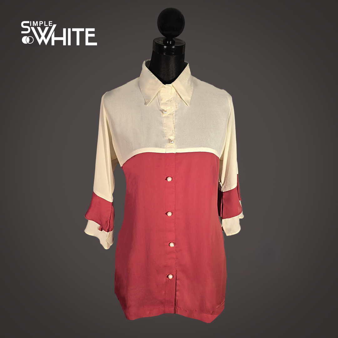 Elegant Cream and Maroon Color-Block Satin Shirt for Women – Button-Down Casual Top by Simple White