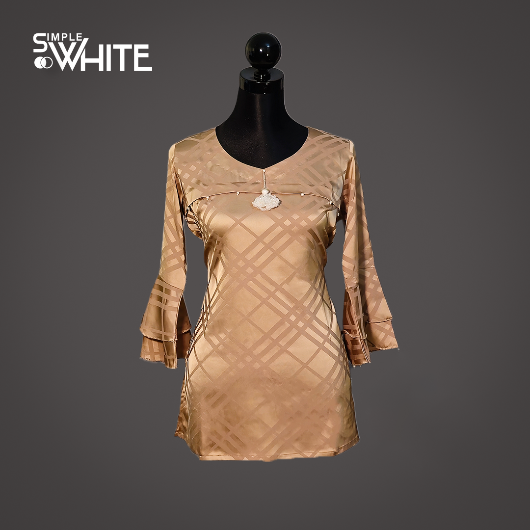 Elegant Golden Satin Checkered Tunic for Women – Stylish 3/4 Sleeve Top by Simple White