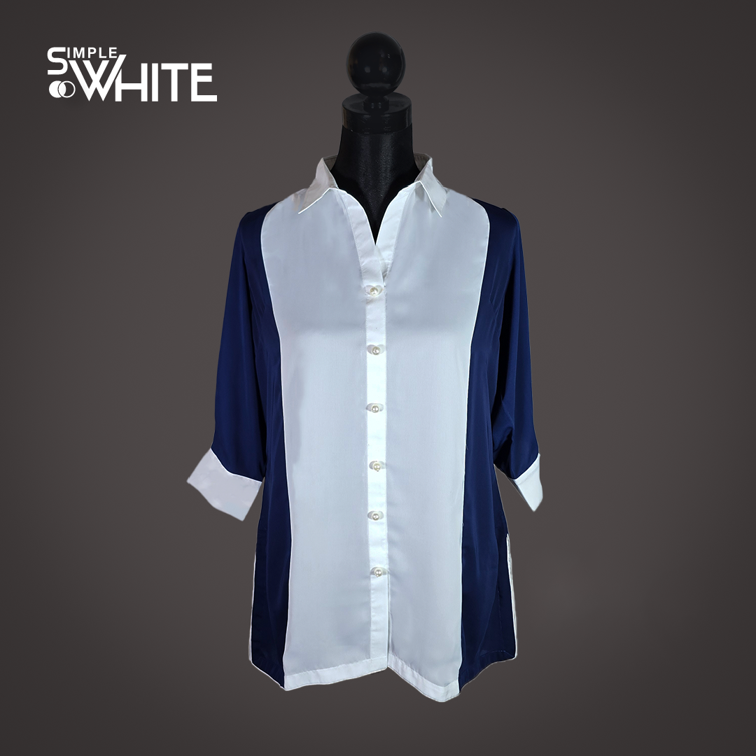 Elegant Navy Blue and White Satin Color-Block Shirt for Women – Button-Down Casual Top by Simple White_img_0