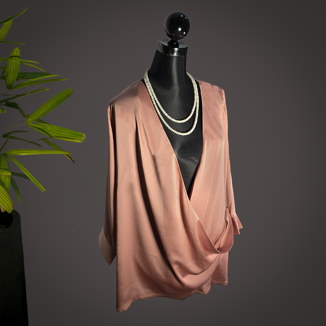 Elegant Pink Draped Satin Blouse for Women – Stylish V-Neck Long Sleeve Top by Simple White_img_2